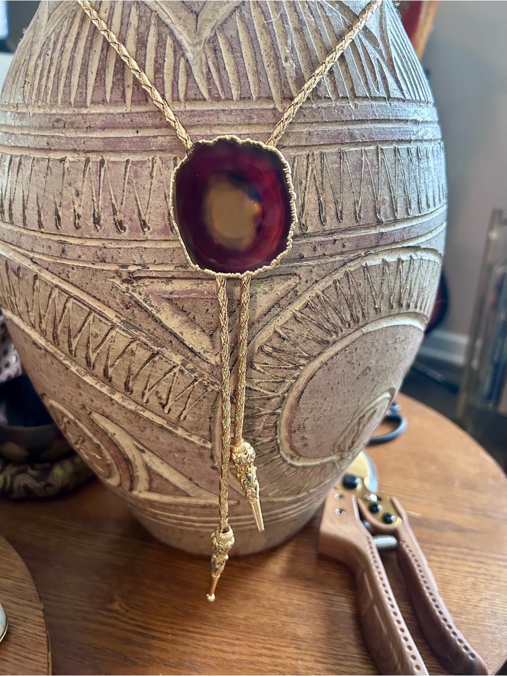 Bolo Tie - Red Agate and Gold Tone Cord